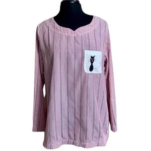 E RETRO Striped Blouse NWT Size XXL Red White Kitty Cat Embroidered Top